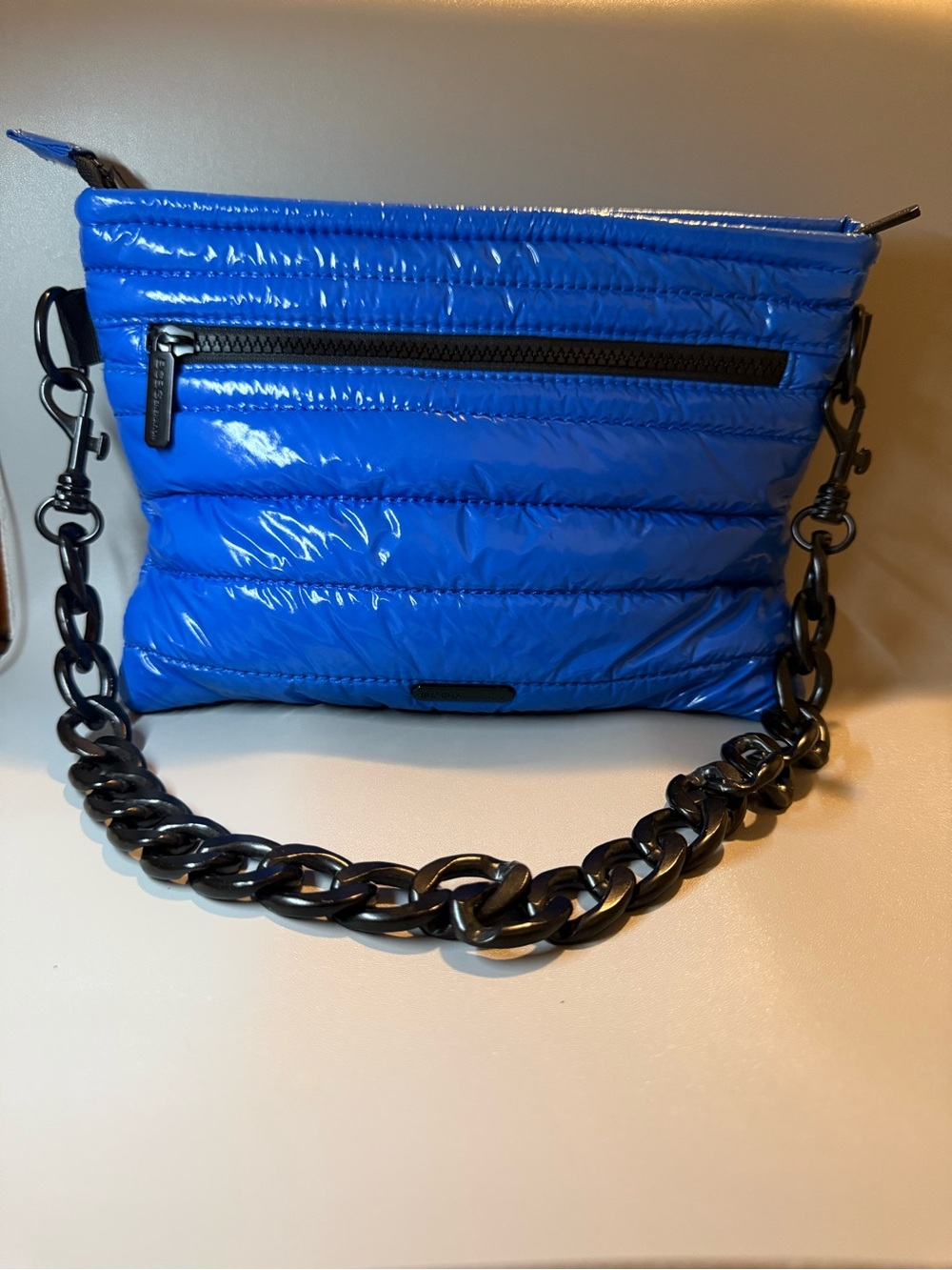 BCBGeneration Shiny Quilted Electric Blue Shoulder Bag with Black Chain 🖤